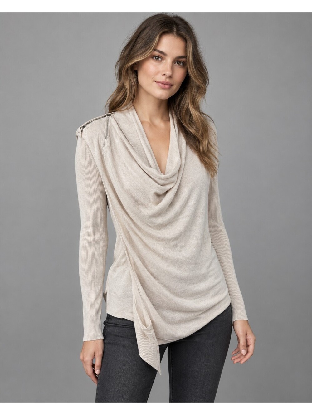 AllSaints Womens Size S Drina 100% Merino Wool Beige Asymmetric Zip Cardigan Top